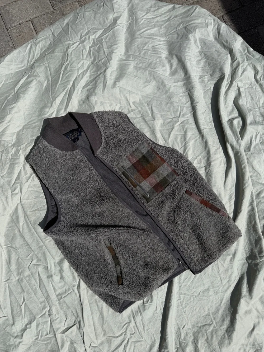 Pendleton Gray Sherpa Vest with Plaid Chest Pocket